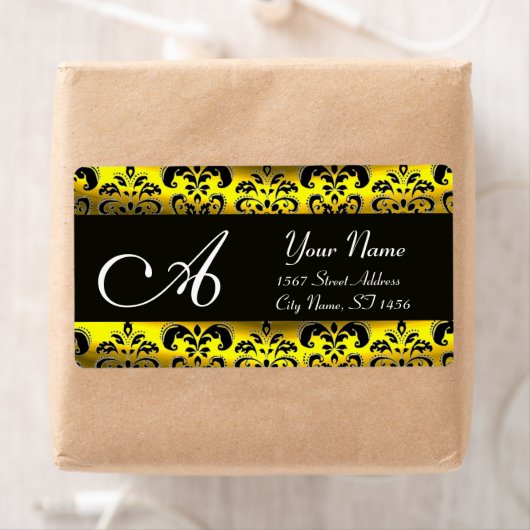 ZWARTE EN GOUDE DAMASKMONOGRAM ETIKET (Insitu)