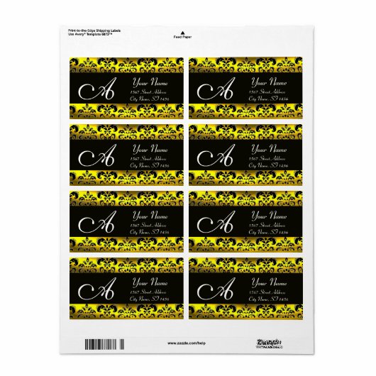 ZWARTE EN GOUDE DAMASKMONOGRAM ETIKET (Full Sheet)