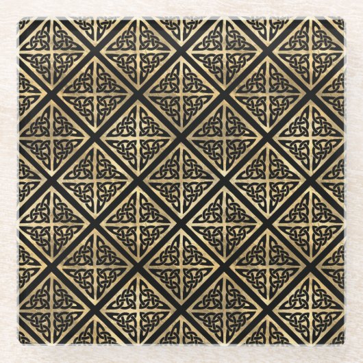 ZWARTE EN GOUDE IERSE CELTISCHE KENNIS EN KROSSEN GLAZEN ONDERZETTER (Voorkant)