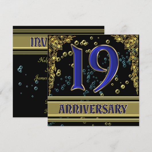 Zwarte en gouden 19de verjaardagsfeestje kaart (Voorkant / Achterkant)