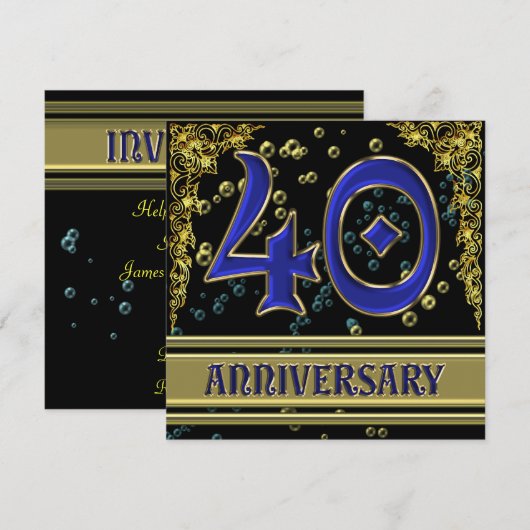 Zwarte en gouden 40ste verjaardagsfeest kaart (Voorkant / Achterkant)