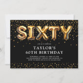 Zwarte en gouden 60e verjaardag ballonnen kaart (Voorkant)