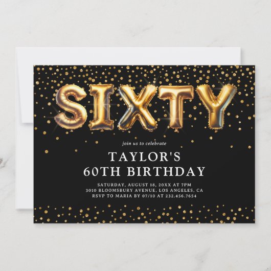 Zwarte en gouden 60e verjaardag ballonnen kaart (Voorkant)