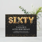 Zwarte en gouden 60e verjaardag ballonnen kaart (Staand voorkant)