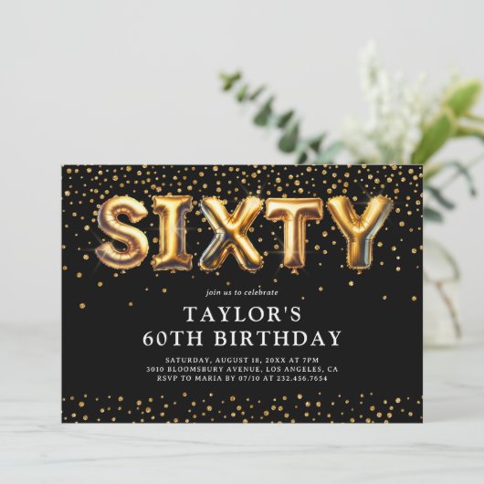 Zwarte en gouden 60e verjaardag ballonnen kaart (Staand voorkant)