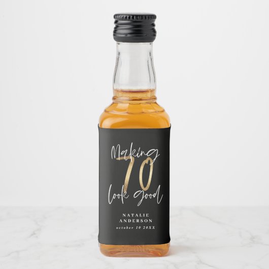 Zwarte en gouden 70ste verjaardag likeurfles etiket (Voorkant)