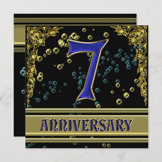 Zwarte en gouden 7-jarig jubileumfeestje kaart (Voorkant / Achterkant)