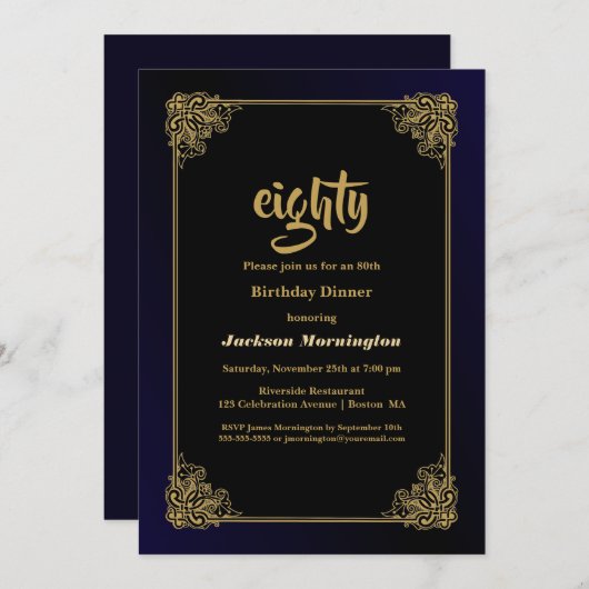 Zwarte en gouden 80e verjaardag kaart (Voorkant / Achterkant)