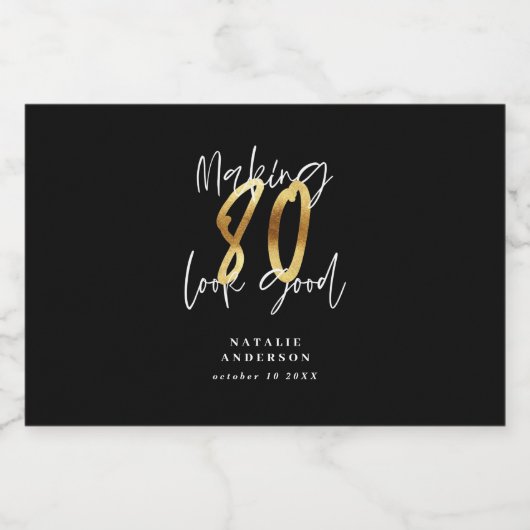 Zwarte en gouden 80ste verjaardag likeurfles etiket (Enkel label)