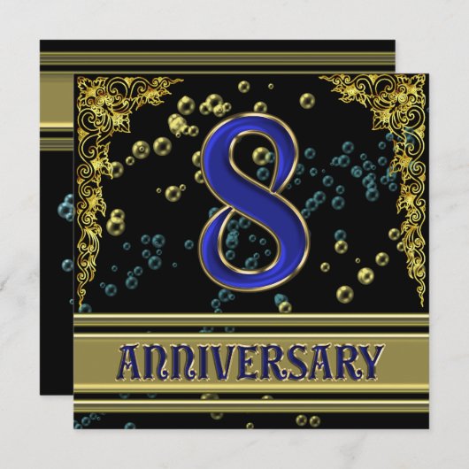 Zwarte en gouden 8-jarig jubileumfeest kaart (Voorkant / Achterkant)