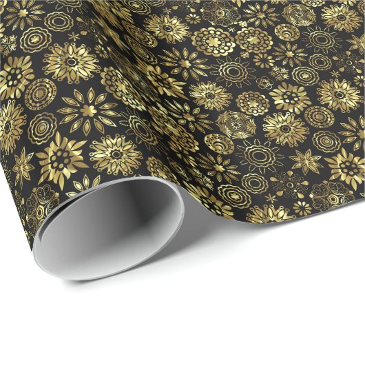 Zwarte en gouden Abstracte kerstsnowflakes 2 Cadeaupapier (Rol Hoek)