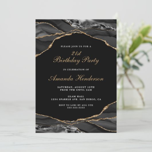 Zwarte en gouden agaat marmeren uitnodiging (Staand voorkant)