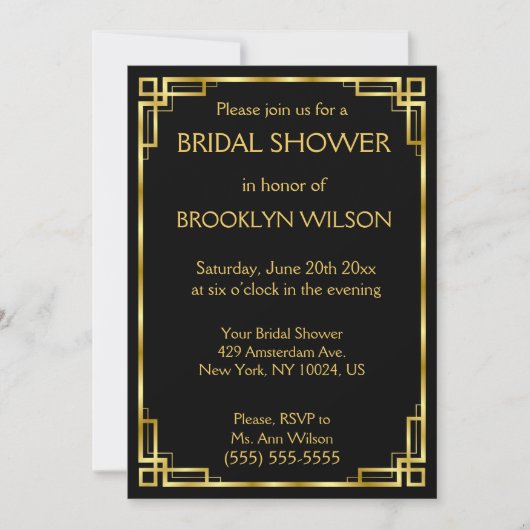 Zwarte en gouden Art Deco Bruids Douche Uitnodigin Kaart (Voorkant)