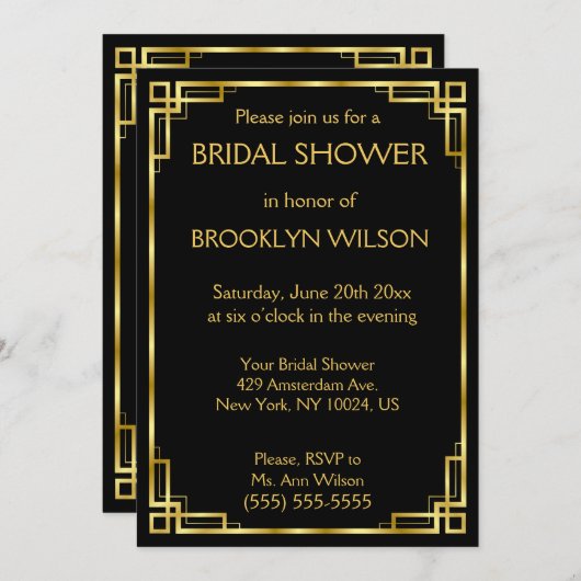 Zwarte en gouden Art Deco Bruids Douche Uitnodigin Kaart (Voorkant / Achterkant)