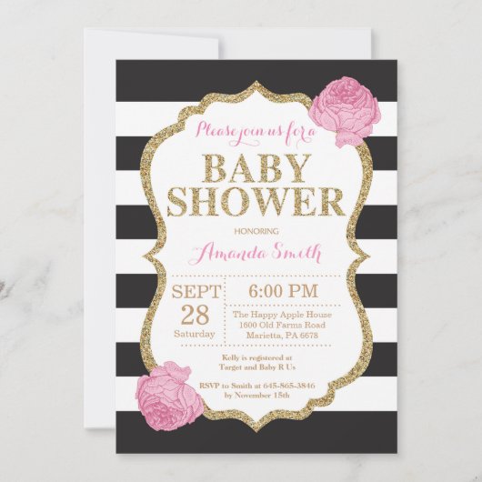 Zwarte en gouden babyshower uitnodiging glitters (Voorkant)