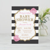 Zwarte en gouden babyshower uitnodiging glitters (Staand voorkant)