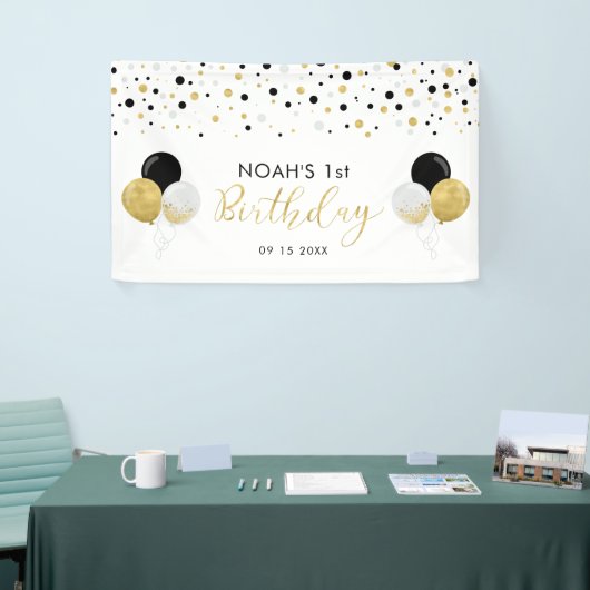 Zwarte en gouden ballon, eerste kinderen, geboorte spandoek (Beurs)