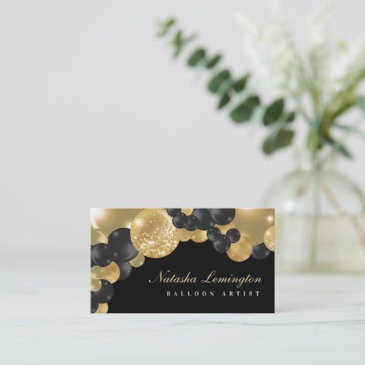 Zwarte en gouden ballon Garland ballonartiest Visitekaartje (Staand voorkant)