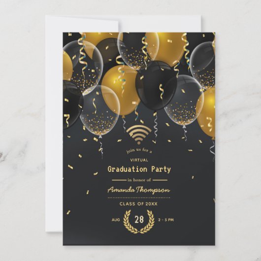 Zwarte en gouden ballon Virtual Graduparty Kaart (Voorkant)
