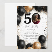 Zwarte en gouden ballonnen 50 verjaardagsfeest kaart (Voorkant / Achterkant)