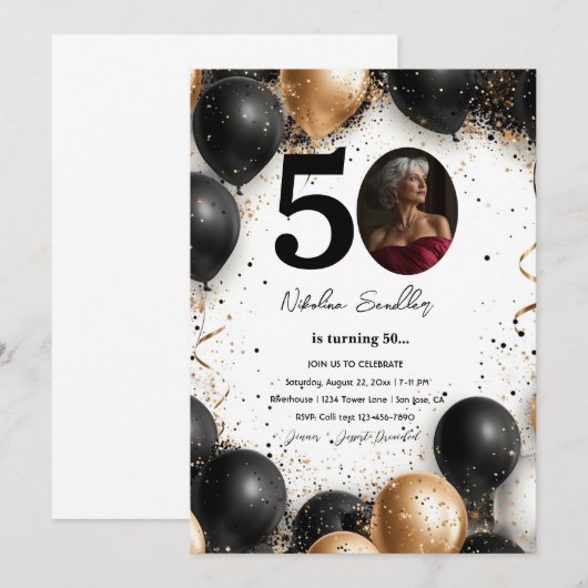 Zwarte en gouden ballonnen 50 verjaardagsfeest kaart (Voorkant / Achterkant)