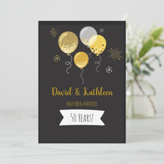 Zwarte en gouden ballonnen 50ste verjaardagsfeest kaart (Staand voorkant)