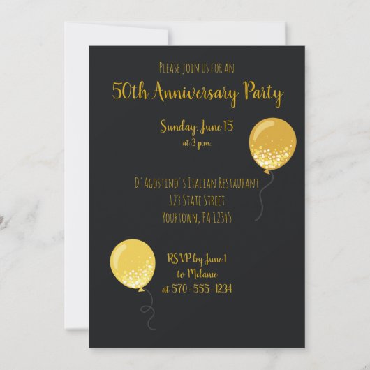 Zwarte en gouden ballonnen 50ste verjaardagsfeest kaart (Achterkant)