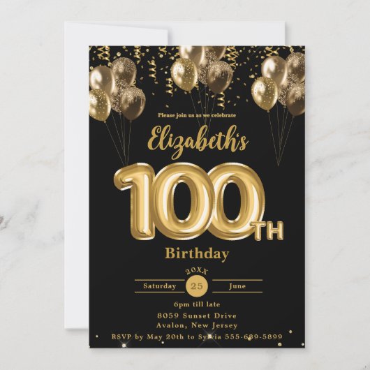 Zwarte en gouden ballonnen Confetti 100ste verjaar Kaart (Voorkant)