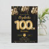 Zwarte en gouden ballonnen Confetti 100ste verjaar Kaart (Staand voorkant)