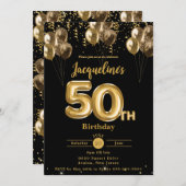 Zwarte en gouden ballonnen Confetti 50ste verjaard Kaart (Voorkant / Achterkant)