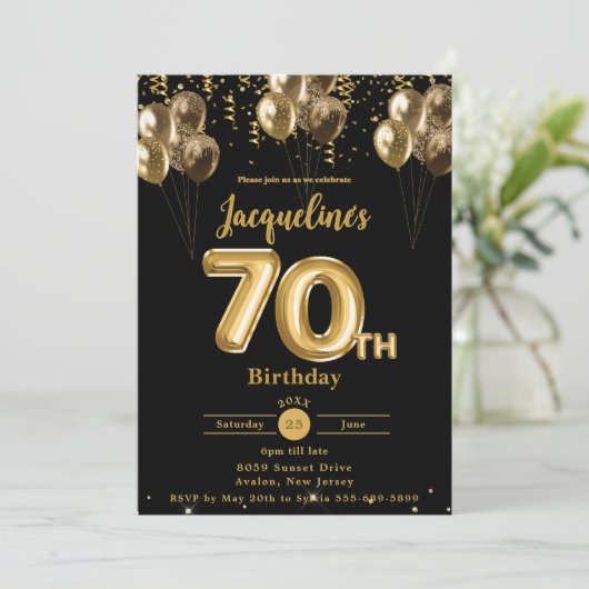 Zwarte en gouden ballonnen Confetti 70ste verjaard Kaart (Staand voorkant)
