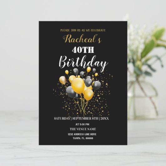 Zwarte en gouden ballonnen | Geboortedag Kaart (Staand voorkant)