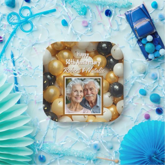 Zwarte en gouden ballonnen | Gepersonaliseerd Jubi Papieren Bordje (Feest)