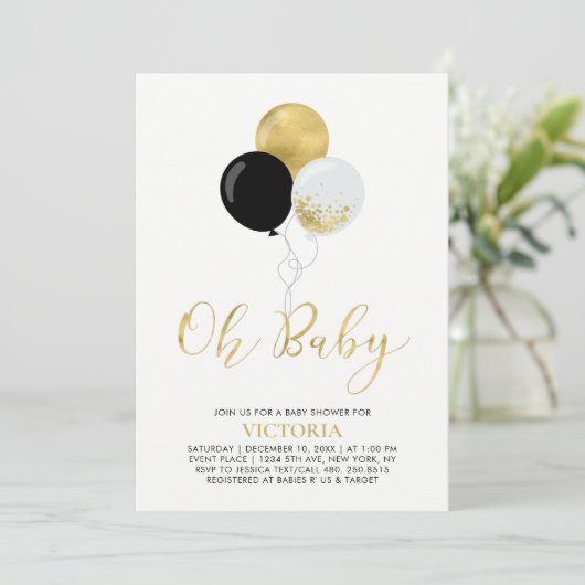 Zwarte en gouden ballonnen | Oh Baby Boy Baby show Kaart (Staand voorkant)