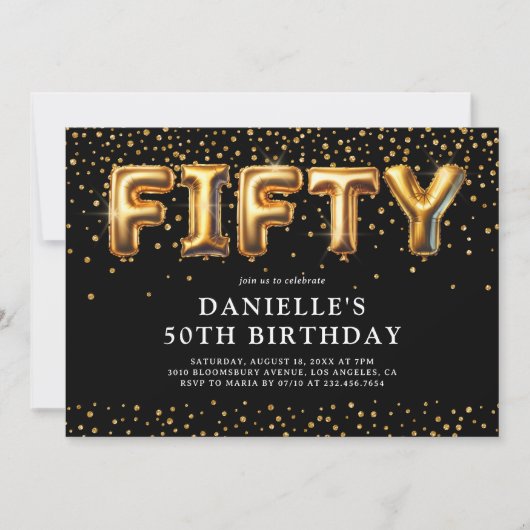 Zwarte en gouden ballonnen voor 50ste verjaardag kaart (Voorkant)