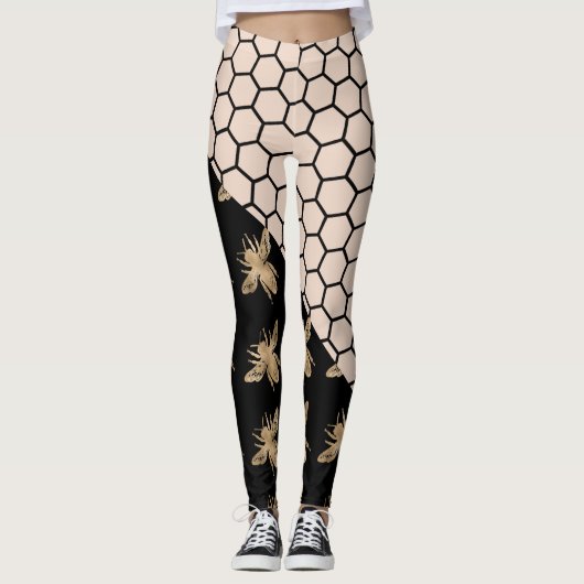 Zwarte en gouden bijen en roze honingraat leggings (Voorkant)