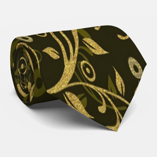 Zwarte en gouden bladeren en wervelingen stropdas (Opgerold)