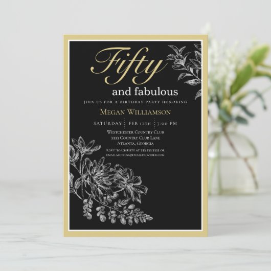 Zwarte en gouden bloem 50 en fantastische verjaard kaart (Staand voorkant)