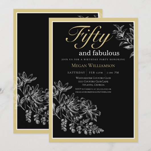 Zwarte en gouden bloem 50 en fantastische verjaard kaart (Voorkant / Achterkant)