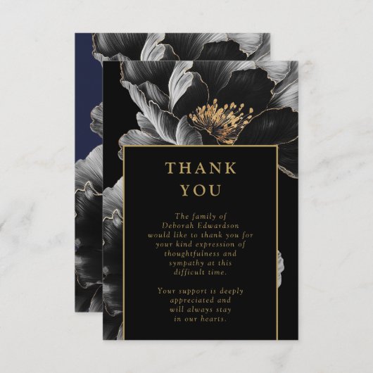 Zwarte en gouden bloem viering van het leven begra bedankkaart (Voorkant / Achterkant)