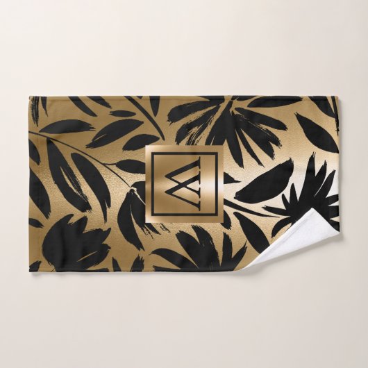 Zwarte en gouden bloemborstel bad handdoek (Handdoek)