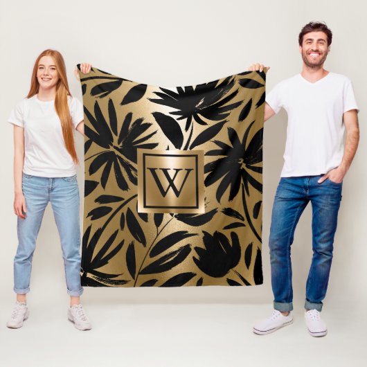 Zwarte en gouden bloemborstel fleece deken (In situ)