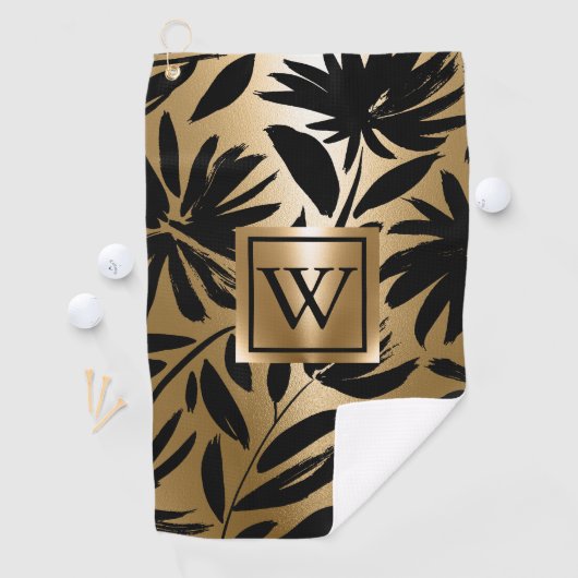Zwarte en gouden bloemborstel golfhanddoek (Insitu)