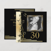 Zwarte en gouden bloemen 30e verjaardag uitnodigin kaart (Voorkant / Achterkant)