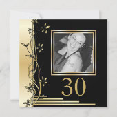 Zwarte en gouden bloemen 30e verjaardag uitnodigin kaart (Voorkant)
