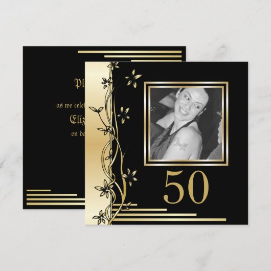 Zwarte en gouden bloemen 50e verjaardag uitnodigin kaart (Voorkant / Achterkant)