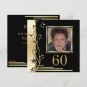 Zwarte en gouden bloemen 60e verjaardag uitnodigin kaart (Voorkant / Achterkant)