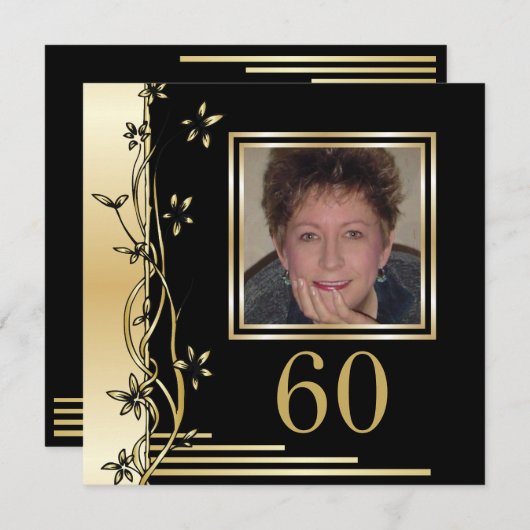 Zwarte en gouden bloemen 60e verjaardag uitnodigin kaart (Voorkant / Achterkant)