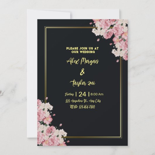 Zwarte en gouden bloemen bruiloft uitnodiging (Voorkant)
