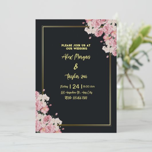 Zwarte en gouden bloemen bruiloft uitnodiging (Staand voorkant)